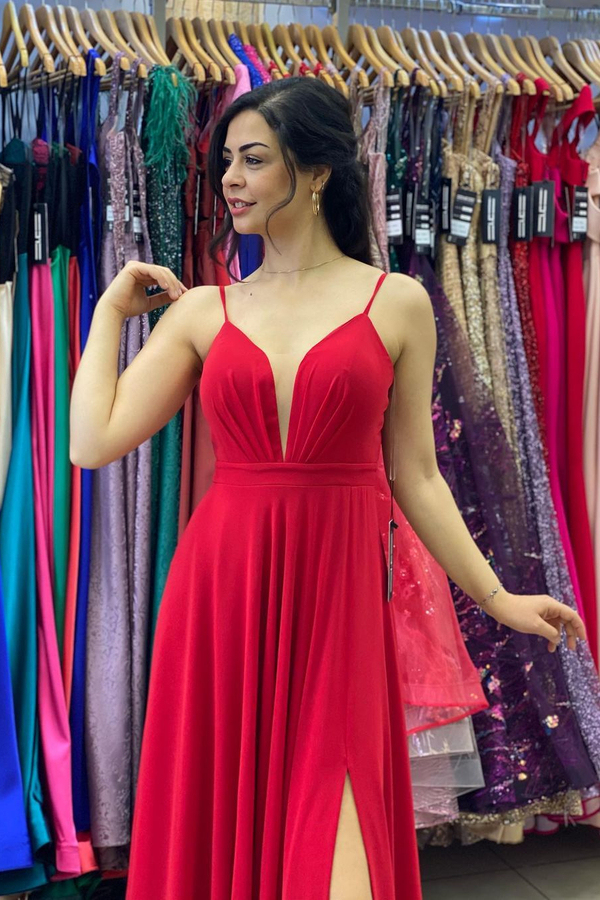 Red V-Neck Side Split Prom Dress Spaghetti Straps