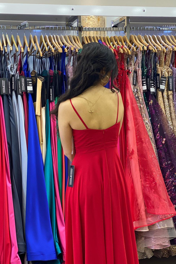 Red V-Neck Side Split Prom Dress Spaghetti Straps