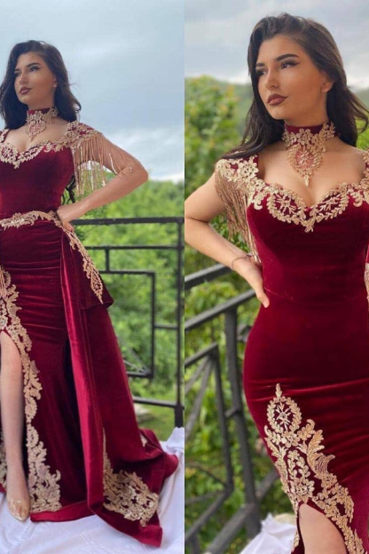 Red Velvet Evening Dress Long Yellow Floral Appliqués Evening Wear Dress