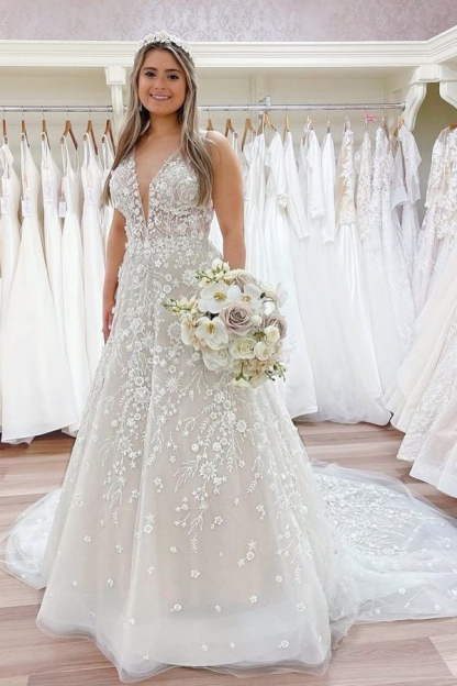 Romantic A-Line Long Spaghetti Strap Lace Wedding Dress