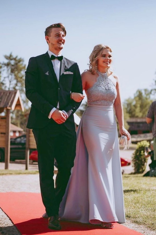 Romantic Halter Satin Lace Appliques Mermaid Wedding Dress with Sweep Train
