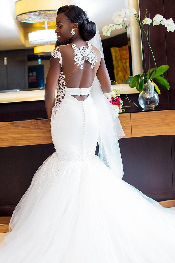 Romantic White Mermaid Cap Sleeve Wedding Dress with Tulle