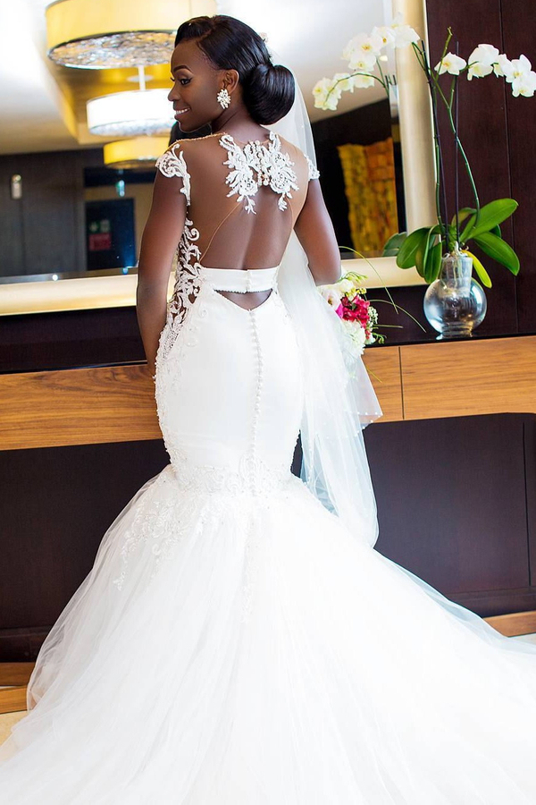 Romantic White Mermaid Cap Sleeve Wedding Dress with Tulle