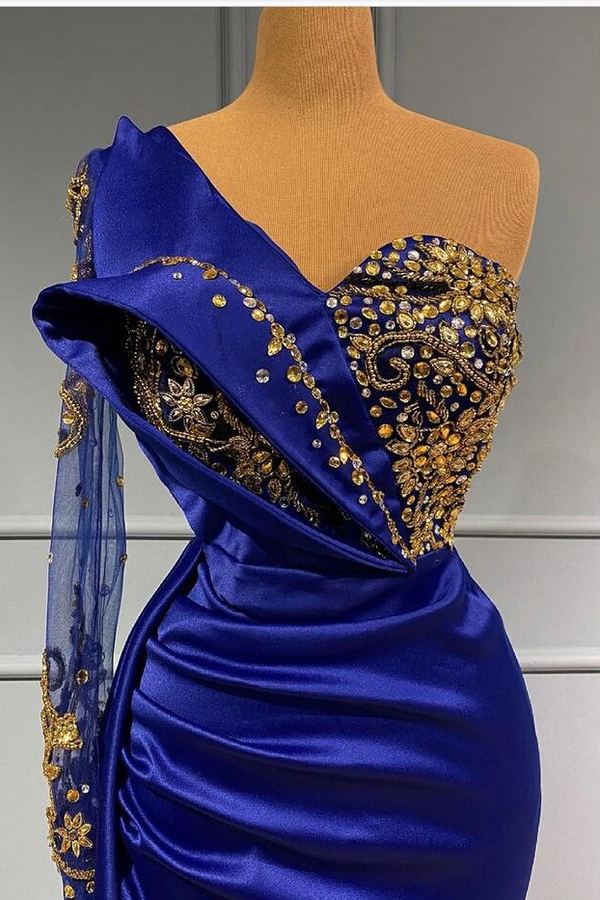 Royal Blue Floor-Length Evening Dress Satin Mermaid Prom Dresses with Sleeves