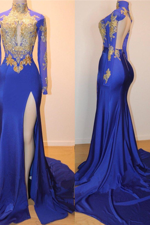 Royal Blue Gold Applique Open Back Prom Dress Side Slit Long Sleeve Evening Dress