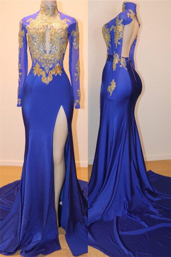 Royal Blue Gold Applique Open Back Prom Dress Side Slit Long Sleeve Evening Dress