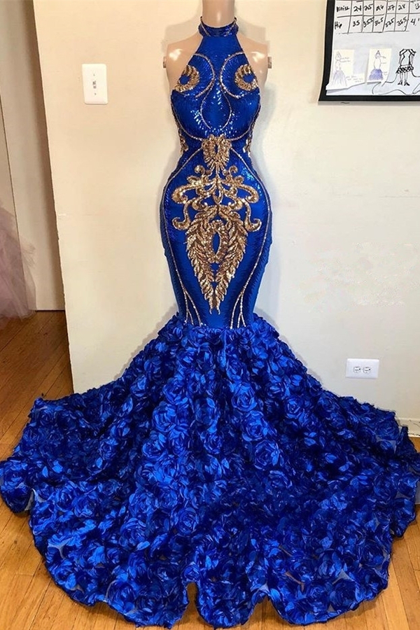 Royal Blue Halter Mermaid Prom Dress Sleeveless Flowers Gold Applique Party Dress