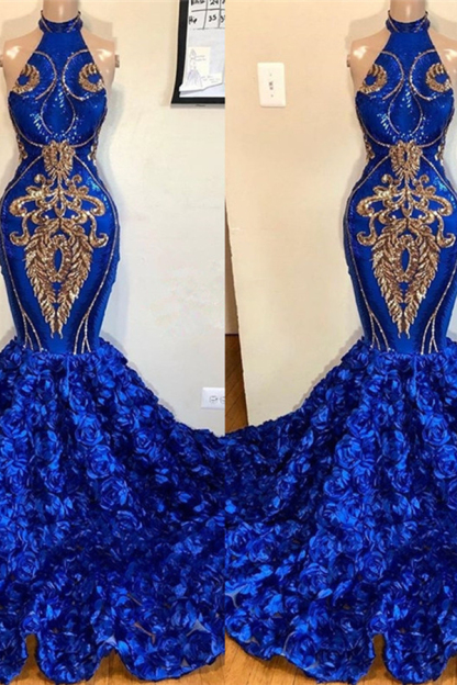 Royal Blue Halter Mermaid Prom Dress Sleeveless Flowers Gold Applique Party Dress