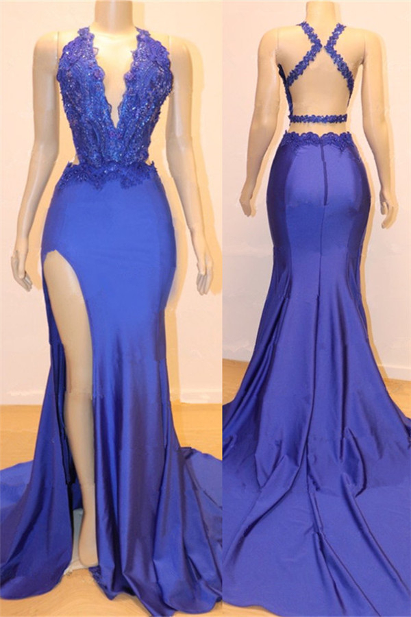 V-Neck Sexy Open Back Side Slit Prom Dress | Royal Blue Mermaid Beads Lace Evening Gown
