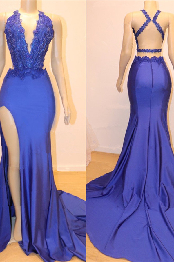 V-Neck Sexy Open Back Side Slit Prom Dress | Royal Blue Mermaid Beads Lace Evening Gown