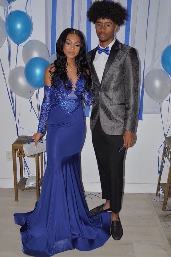 Royal Blue Mermaid Prom Dress | Sequined V-Neck Party Wear Dress