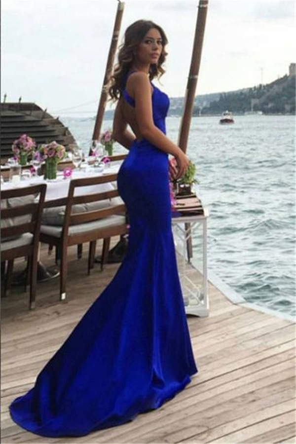 Royal Blue Mermaid Sleeveless Prom Dresses Backless Evening Gowns