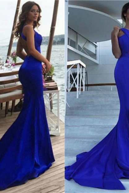 Royal Blue Mermaid Sleeveless Prom Dresses Backless Evening Gowns