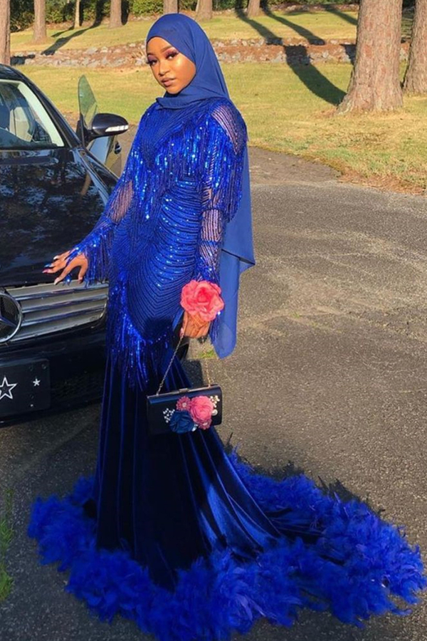 Royal Blue Sequined Mermaid Evening Dress with Sweep Train