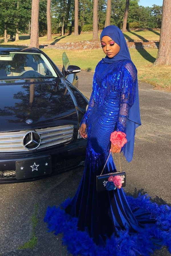 Royal Blue Sequined Mermaid Evening Dress with Sweep Train