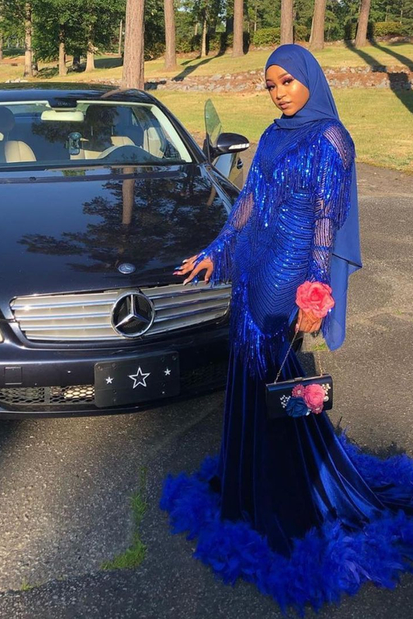 Royal Blue Sequined Mermaid Evening Dress with Sweep Train