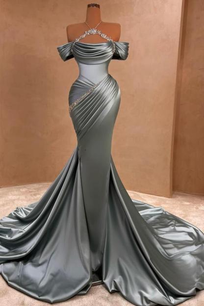 Stunning Ruched Satin Mermaid Evening Dress Off-the-Shoulder Long Prom Dress