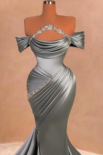 Stunning Ruched Satin Mermaid Evening Dress Off-the-Shoulder Long Prom Dress