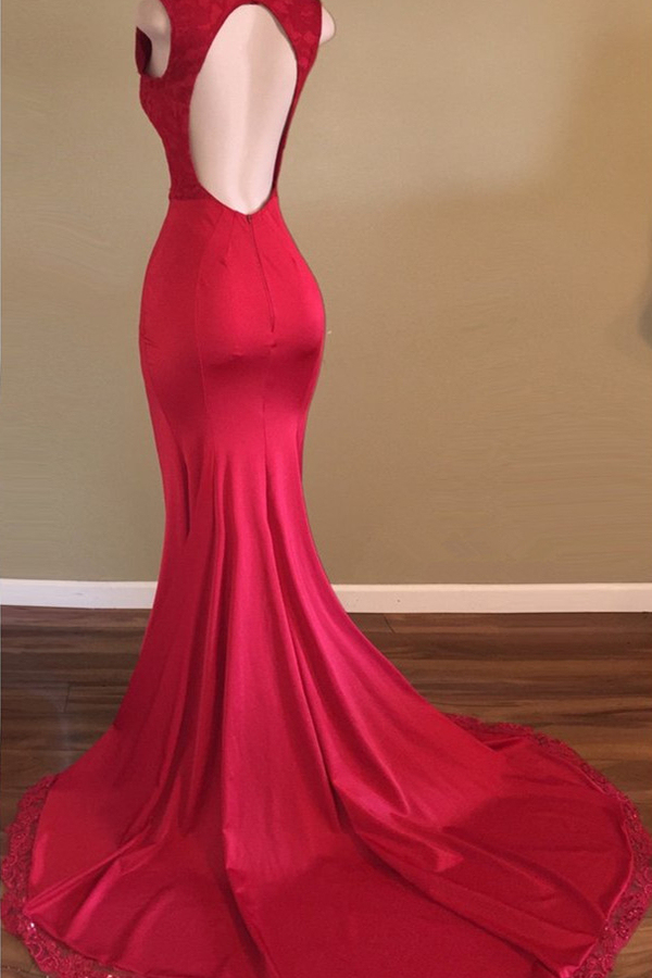 Front Slit V-Neck Red Evening Dress | Ruffle Satin Mermaid Prom Dress with Sweep Train