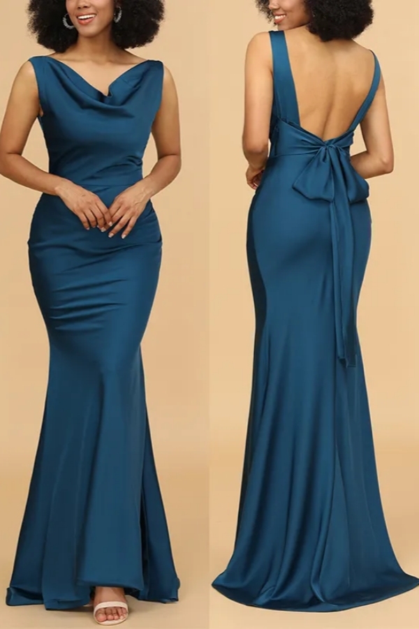 Modest Ruffle Satin Bridesmaid Dresses Sleeveless With Bows Floor Length Evening Wear Dress