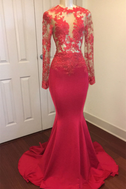 See-Through Lace Appliqué Long Sleeve Mermaid Prom Dress