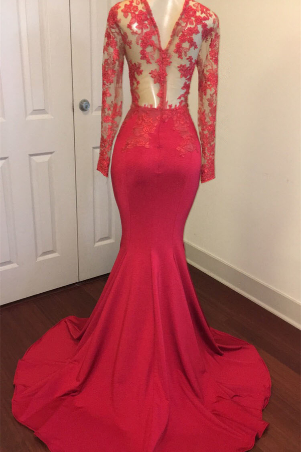 See-Through Lace Appliqué Long Sleeve Mermaid Prom Dress