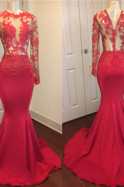See-Through Lace Appliqué Long Sleeve Mermaid Prom Dress