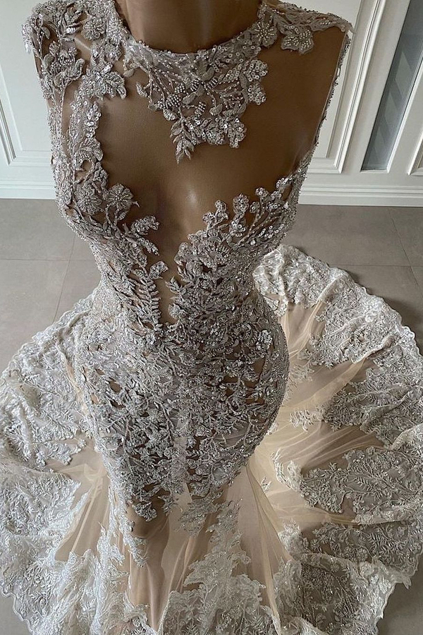 Sequined Floral Lace Beaded Wedding Dress