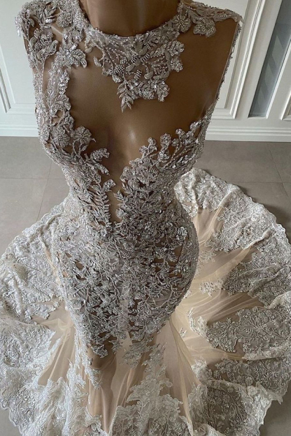 Sequined Floral Lace Beaded Wedding Dress