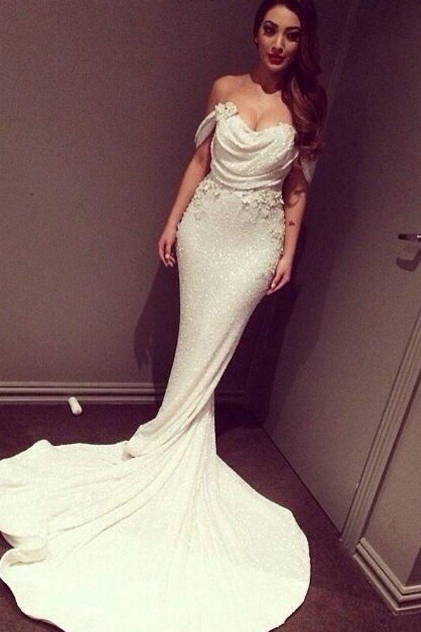 Off-Shoulder Mermaid Prom Dress | Sequins White Long Evening Dress with Flowers