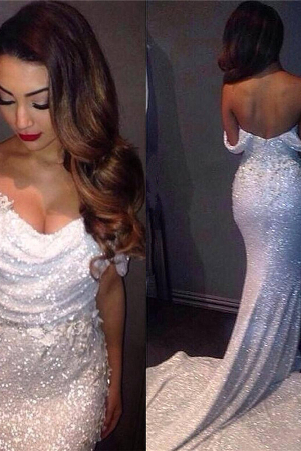 Off-Shoulder Mermaid Prom Dress | Sequins White Long Evening Dress with Flowers