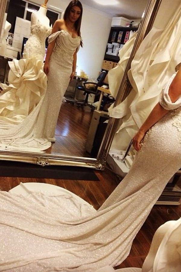 Off-Shoulder Mermaid Prom Dress | Sequins White Long Evening Dress with Flowers