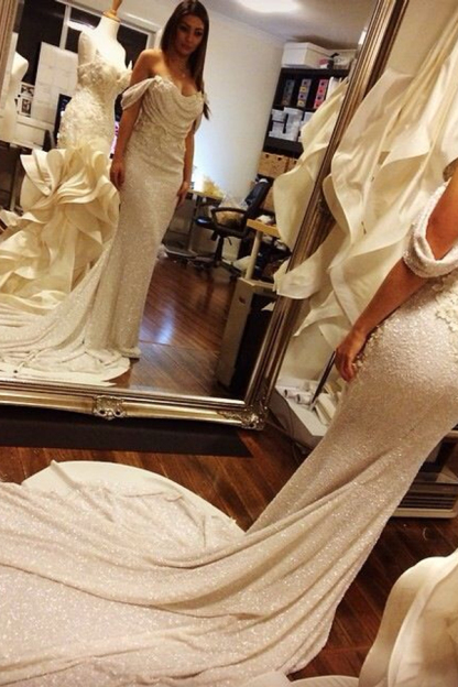 Off-Shoulder Mermaid Prom Dress | Sequins White Long Evening Dress with Flowers