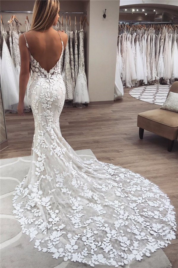Sexy Applique Spaghetti Strap Backless Mermaid Wedding Dress
