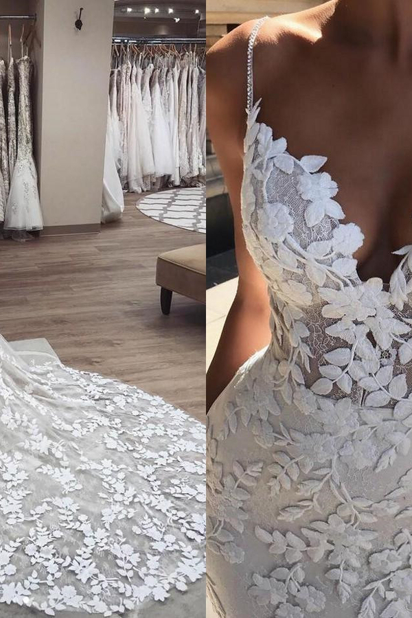 Sexy Applique Spaghetti Strap Backless Mermaid Wedding Dress
