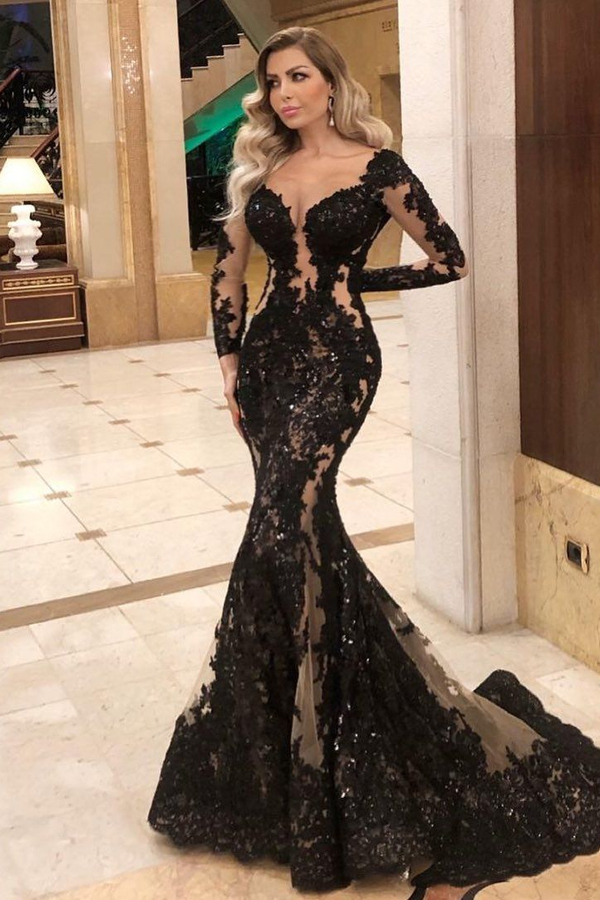 Sexy Black Lace Mermaid Evening Dress Long Sleeves with Sequins