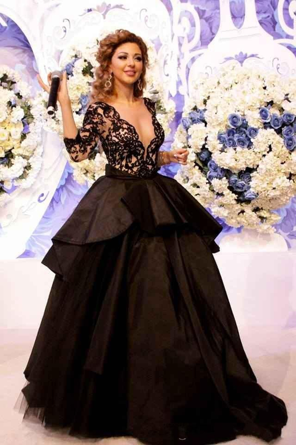 Sexy Black Long Sleeves Lace Prom Dress Deep V-Neck Tiered Open-Back Party Dress
