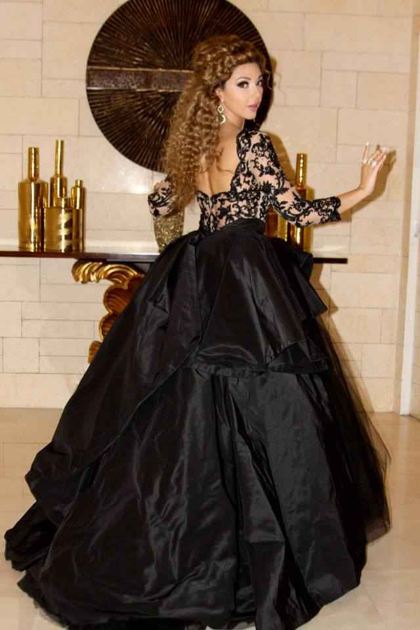Sexy Black Long Sleeves Lace Prom Dress Deep V-Neck Tiered Open-Back Party Dress