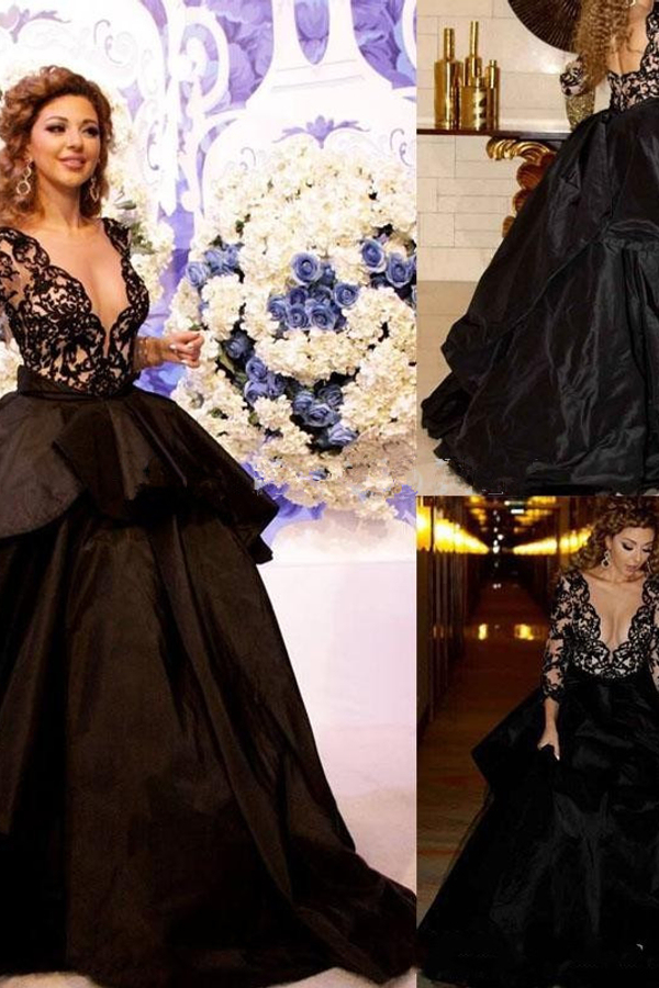 Sexy Black Long Sleeves Lace Prom Dress Deep V-Neck Tiered Open-Back Party Dress