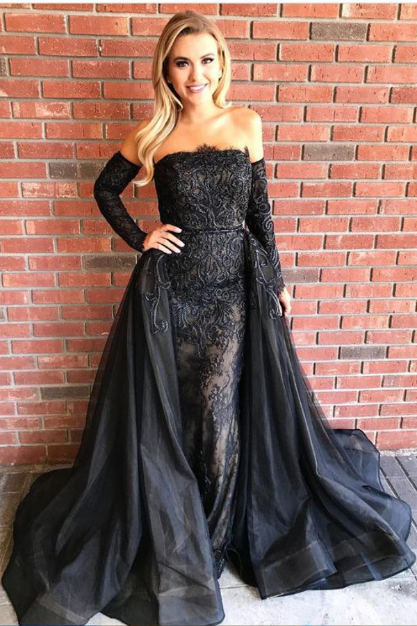 Gold Lace Long Sleeve Prom Dress | Sexy Black Open Back Mermaid Evening Dress