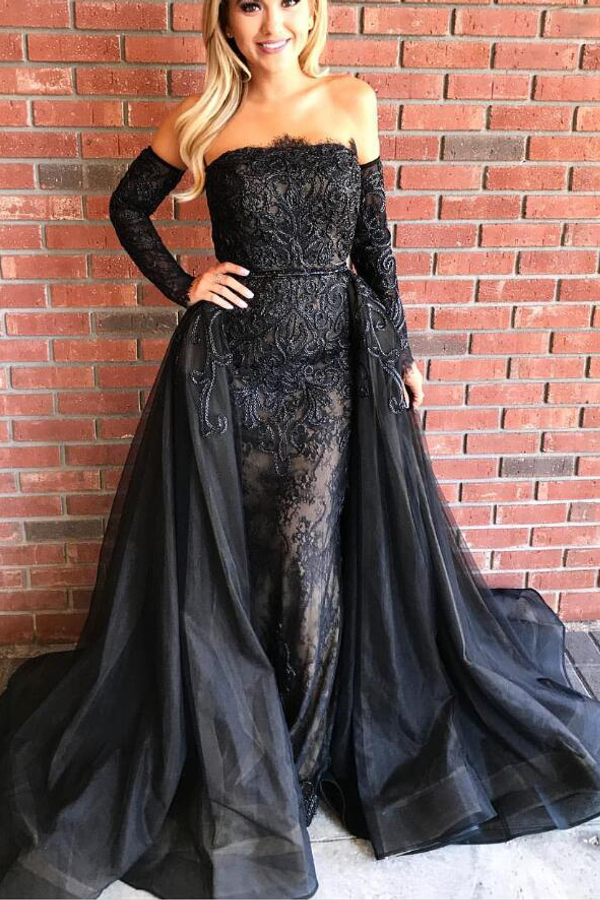 Gold Lace Long Sleeve Prom Dress | Sexy Black Open Back Mermaid Evening Dress