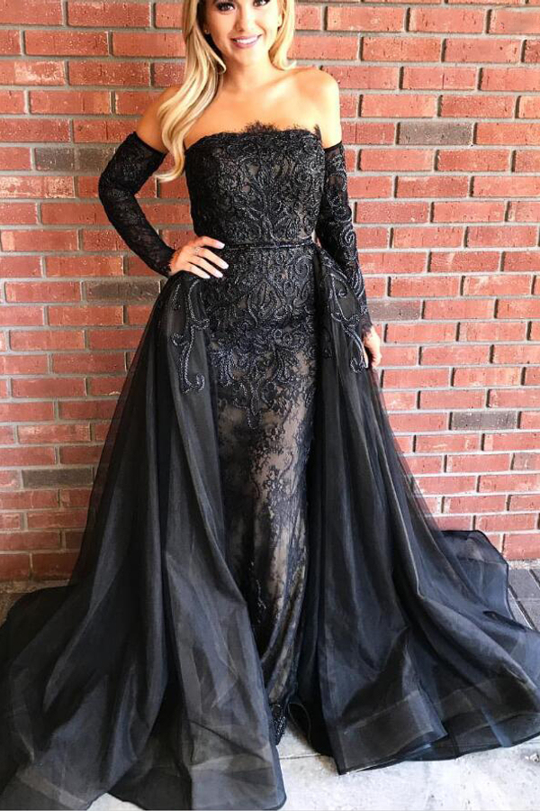 Gold Lace Long Sleeve Prom Dress | Sexy Black Open Back Mermaid Evening Dress