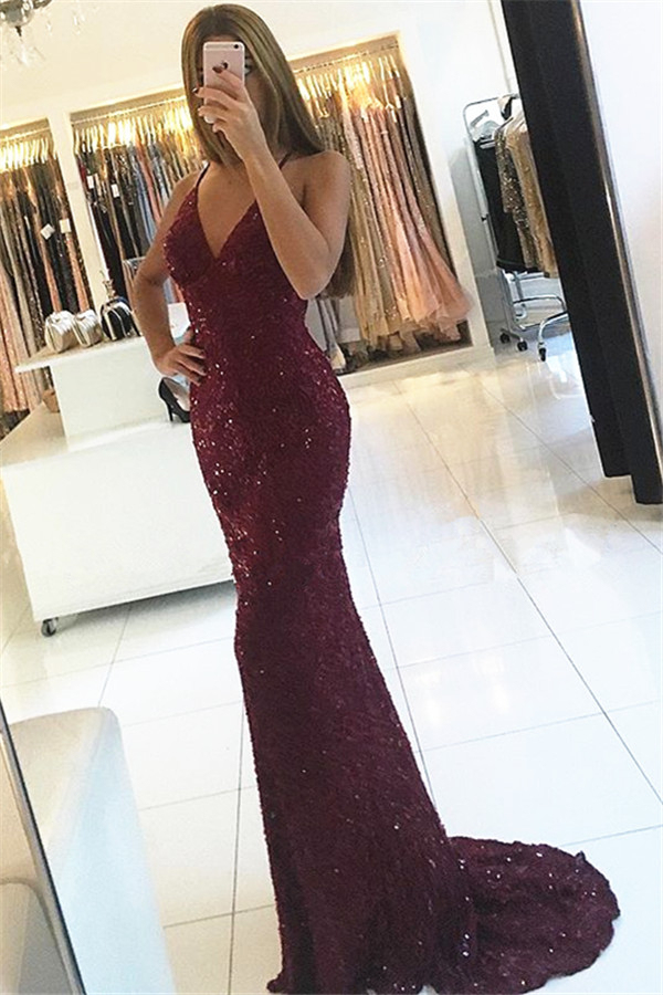 Sexy Burgundy Shiny Sequin Evening Gown V-Neck Straps Backless Formal Prom Dress