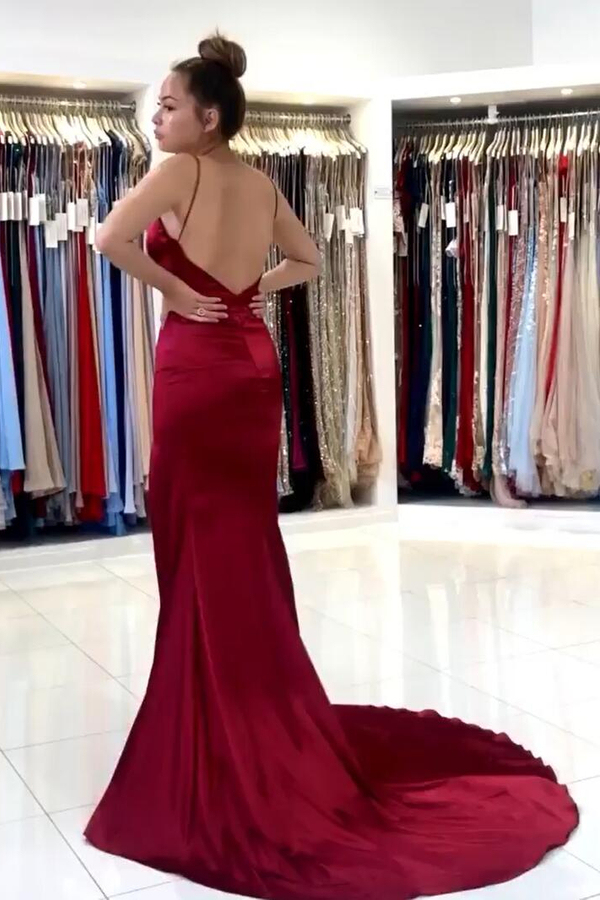 Sexy Burgundy V-Neck Ruffles Slim Mermaid Evening Dress with Side Split