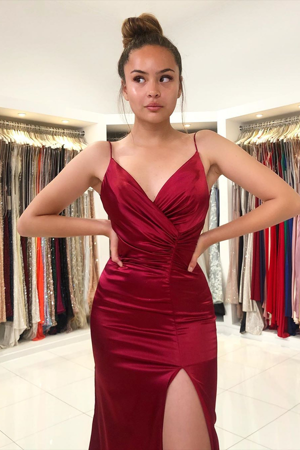 Sexy Burgundy V-Neck Ruffles Slim Mermaid Evening Dress with Side Split