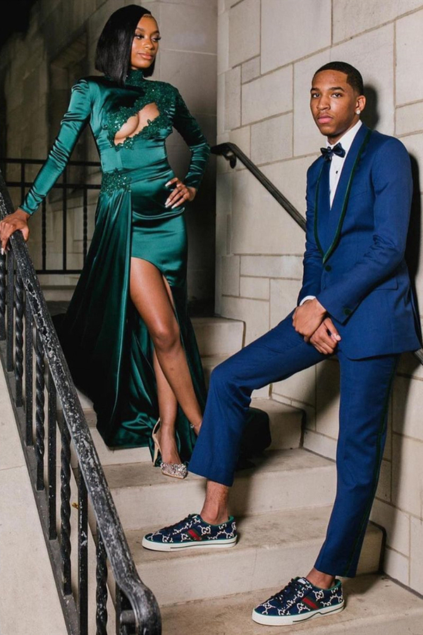 Sexy Dark Green Appliques Side Split Prom Dress Long Sleeves