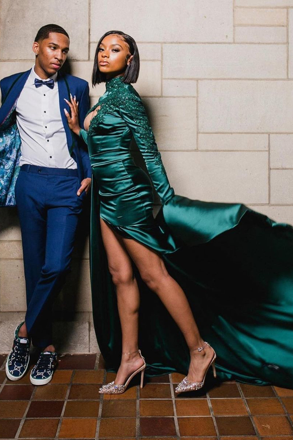 Sexy Dark Green Appliques Side Split Prom Dress Long Sleeves