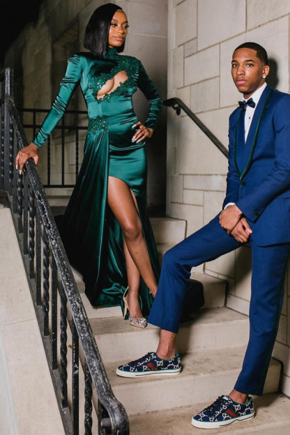 Sexy Dark Green Appliques Side Split Prom Dress Long Sleeves
