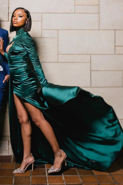 Sexy Dark Green Appliques Side Split Prom Dress Long Sleeves