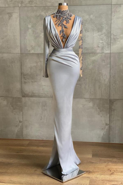 Sexy Deep V-Neck 3D Floral Appliques Silver Mermaid Prom Gown
